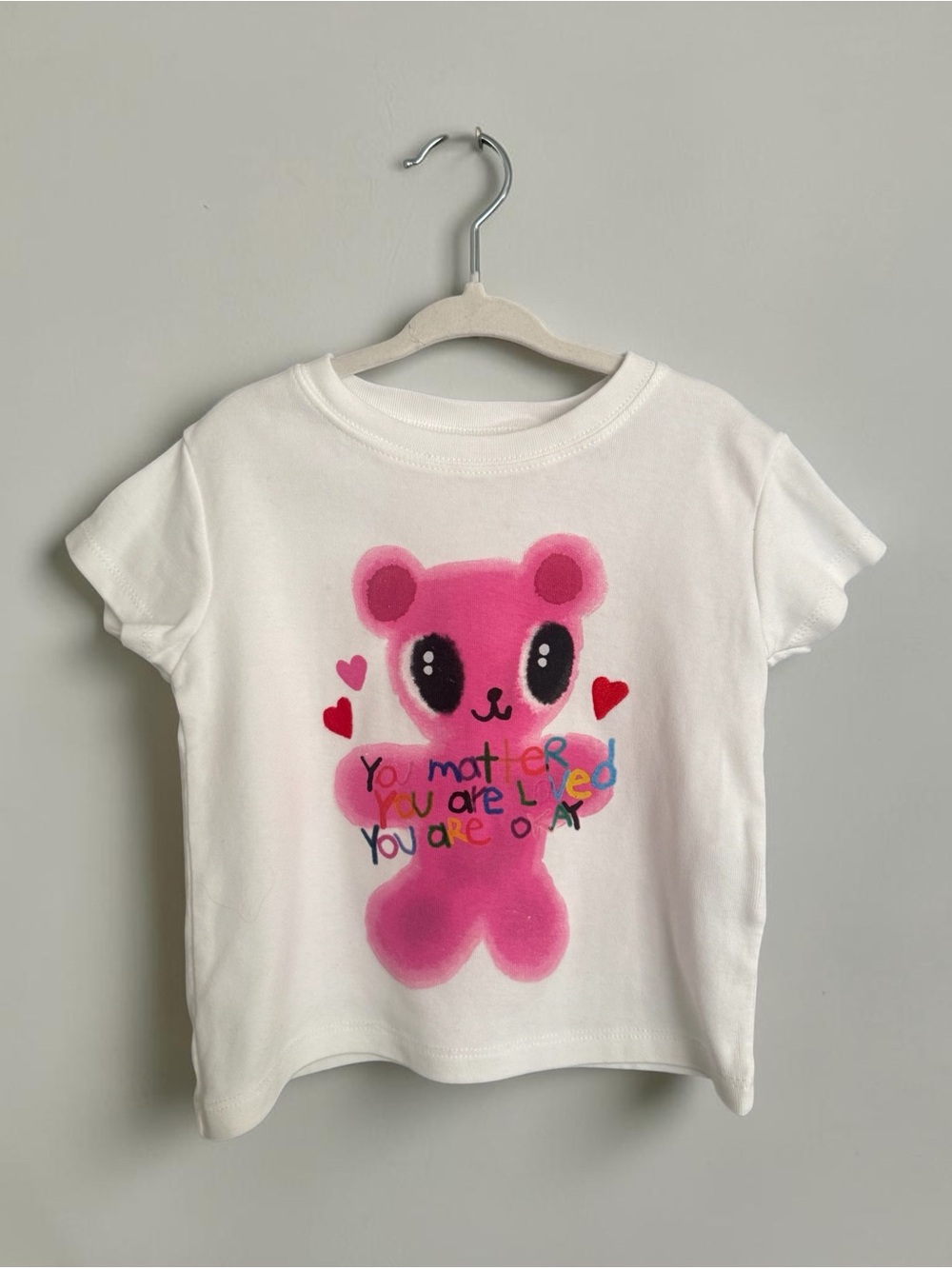 Zara White Tee with Pink Bear Graphic and Red Hearts